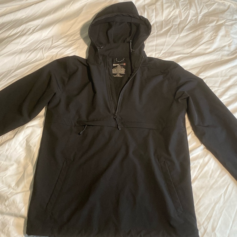 Small black swiss tech pull over half zip hooded jacket